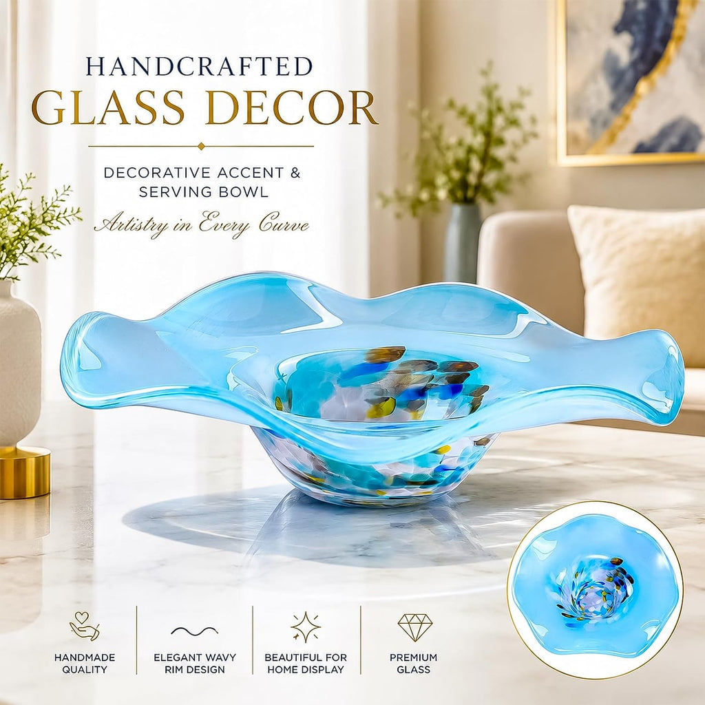 Hand Blown Murano-style Art Glass Bowl, 10.2-Inch Large Decorative Centerpiece for Table, Cobalt Blue Fruit Display &