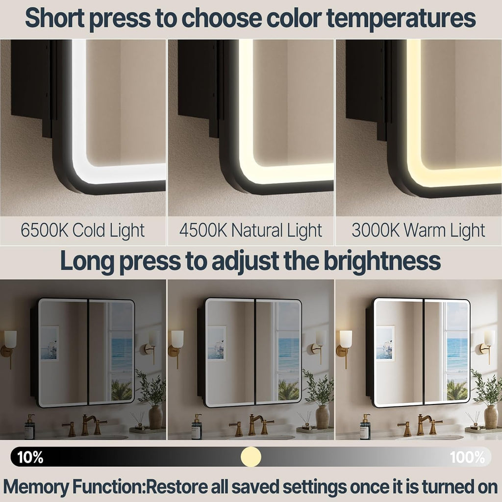 32x30 Inch Medicine Cabinet with Mirror and Lights , Black | Recessed or Surface Mount, Anti-Fog, Memory Function