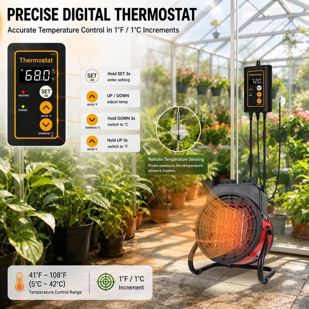 Greenhouse Heater with Thermostat, 1500W Outdoor Heaters, 3S Quick Heat & Overheat Protection, Non-Slip Cushion