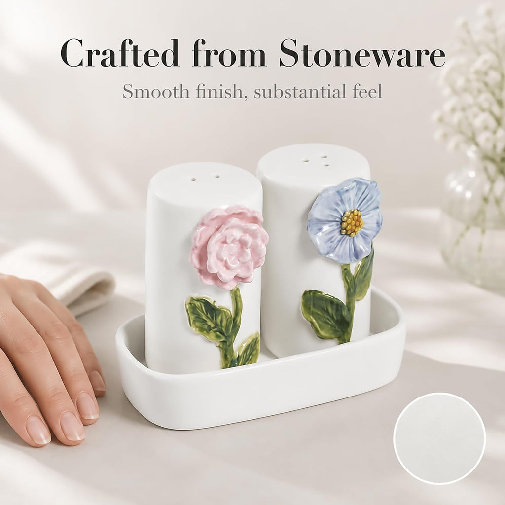 Stoneware Flower Salt And Pepper Shaker Set - Set of 3