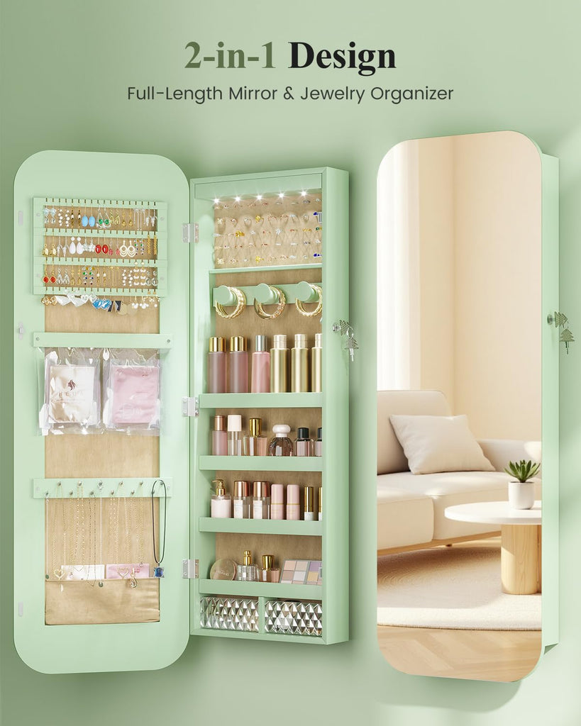 6 LEDs Mirror Jewelry Cabinet Door Hanging, 42.5", Lockable, Green