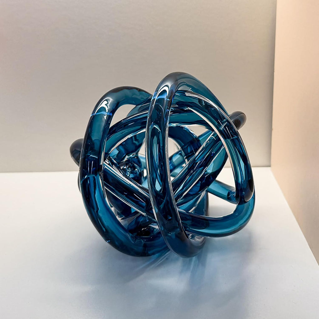 Glass Knot Teal Decor Ball - 5 Inch Hand Blown Infinity Sculpture Orbit Home Decor Table Decoration Interio Art