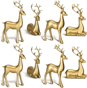 8 Pcs Christmas Reindeer Figurines Sitting Standing Statues, Gold