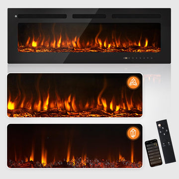 50" Smart Electric Fireplace Heater, Wide Recessed/Wall Mounted Electric Fireplace, Remote Control with Timer, 12