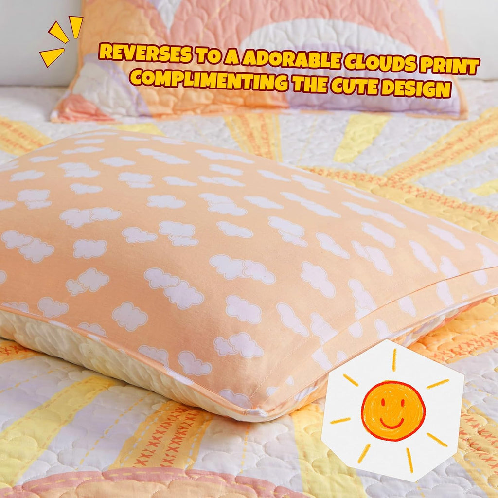 Kids Twin Quilt Bedding Set, Cotton Coverlet Sun Girls Bedding Set Rainbow & Clouds Reversible Dawn Light &