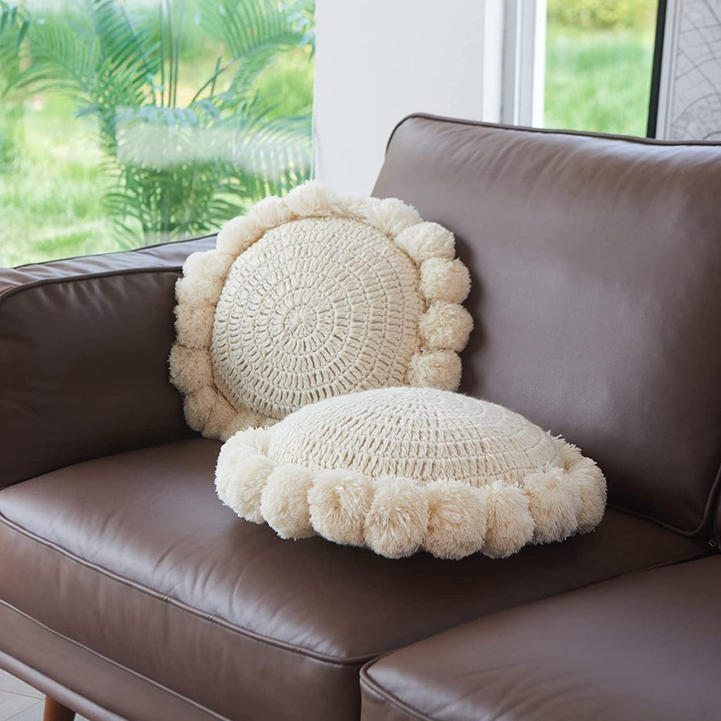 Boho Round Throw Pillow with Cute Handmade Pom Poms Tassels 18 Inch, Decorative Circular Knitted Crochet Cushion for