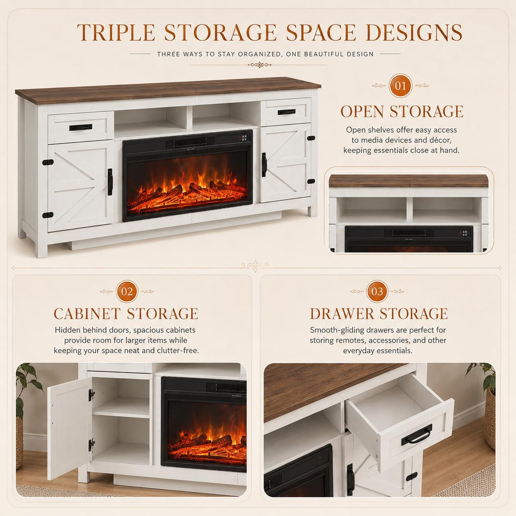 Farmhouse Fireplace TV Stand with Barn Door, 80 inch, White