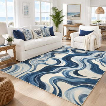 Blue and White Wave Area Rug 5x7 Modern Wavy Stripes Rugs