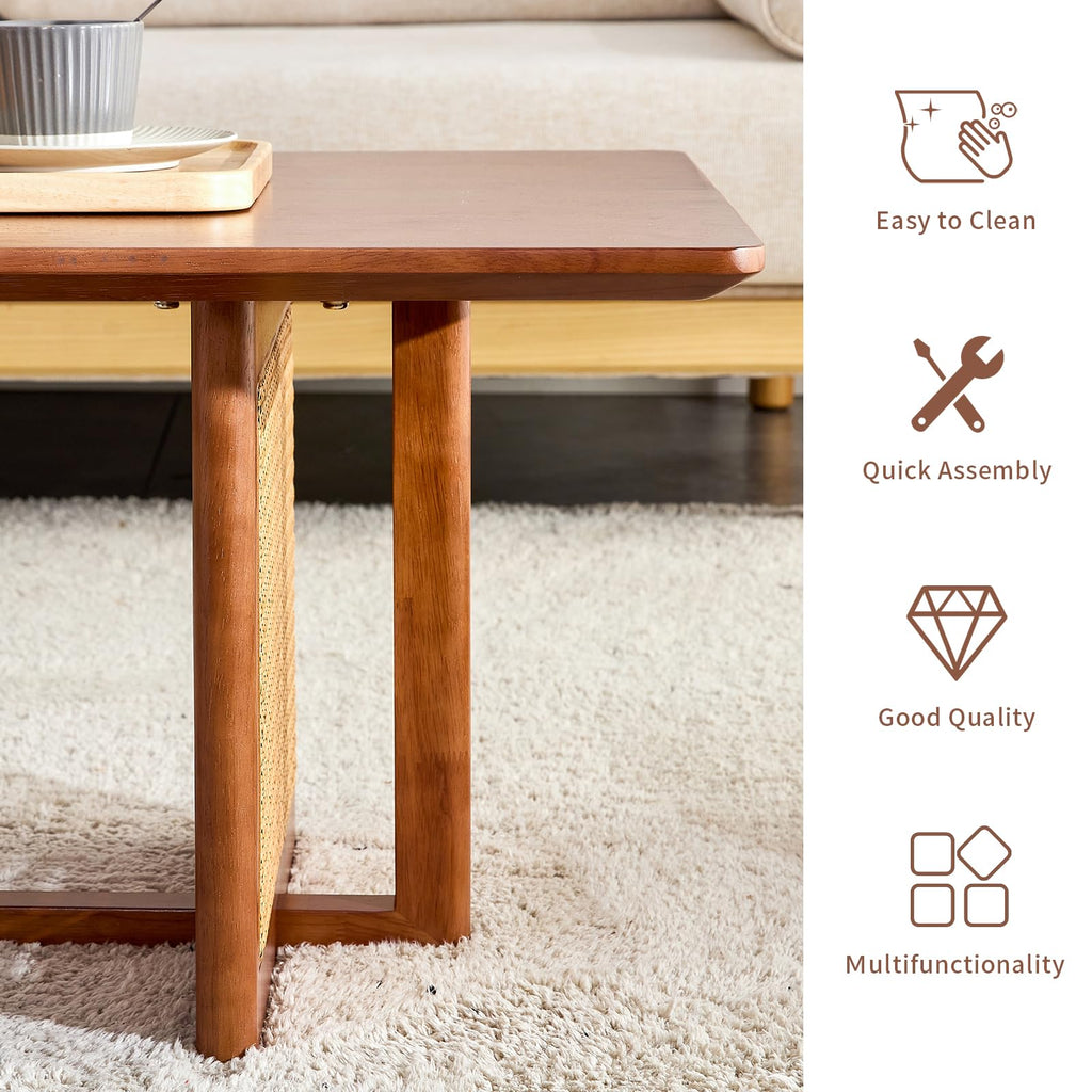 Coffee Table, Rectangle Solid Wood Table Top, Modern Imitation Rattan Coffee Table, Cross Table Legs Tea Table Small