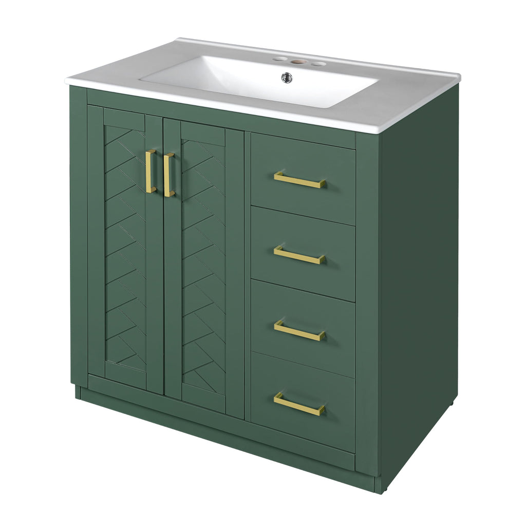 30 Inch Green Bathroom Vanity with Sink & Gold Handles, Light Luxury