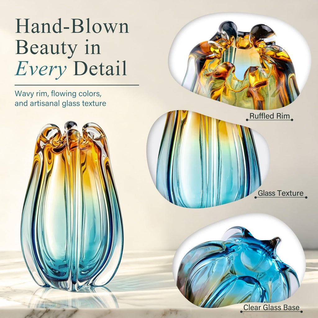 Hand Blown Glass Vase for Flowers, 9.45" Unique Murano Style Art Glass Vase, Fluted Teal Amber Ombre Decorative Vases