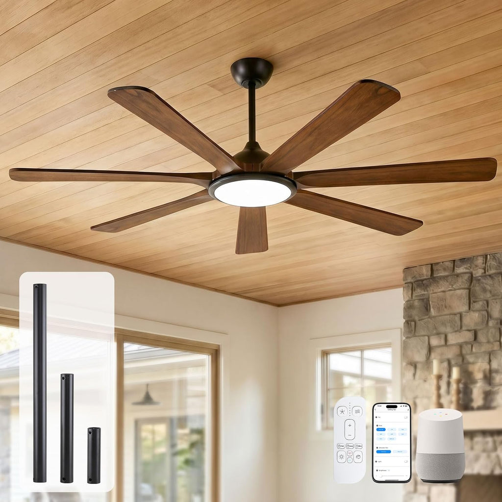 60 inch Smart Wood Ceiling Fan with Light, Remote/Alexa/App Control, Farmhouse Rustic Style, 7 Solid Walnut Blades