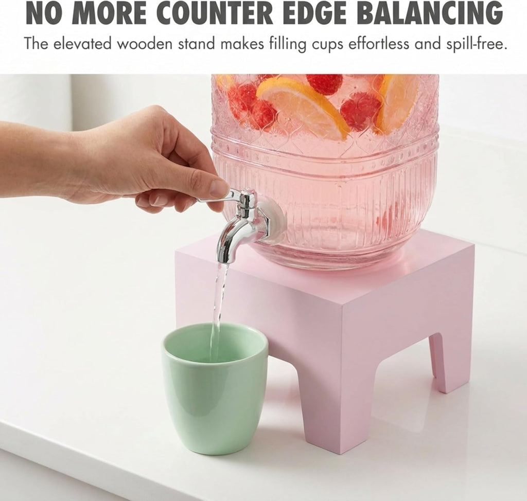 Beverage Dispenser 1 Gallon (16 Cups), Drink Dispenser, Wooden Stand, Pink