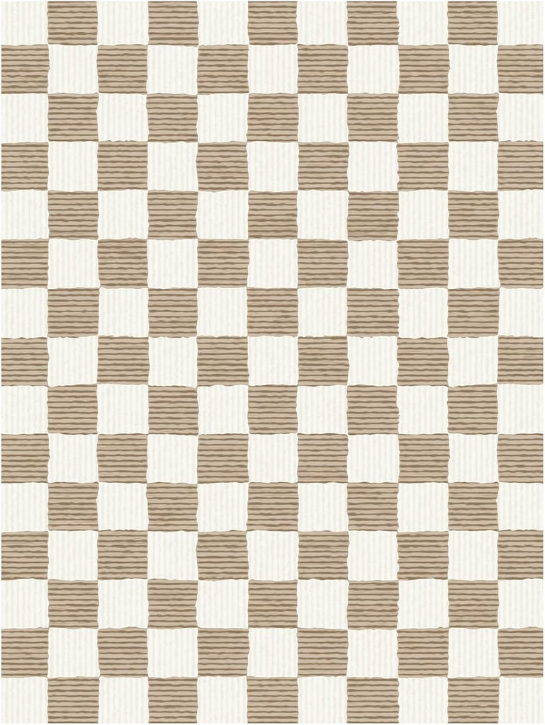 Checkered Brown Area Rug Washable Large Living Room Rug Geometry Neutral Line Non-Slip Soft Bedroom Carpet