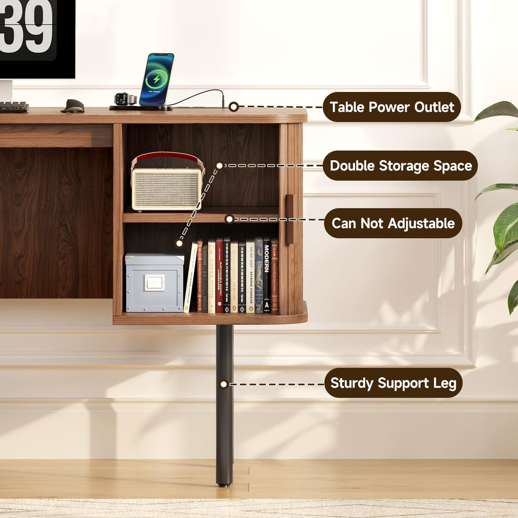 63 Inch Fluted Computer Desk with Outlets, Home Office Desk, Walnut