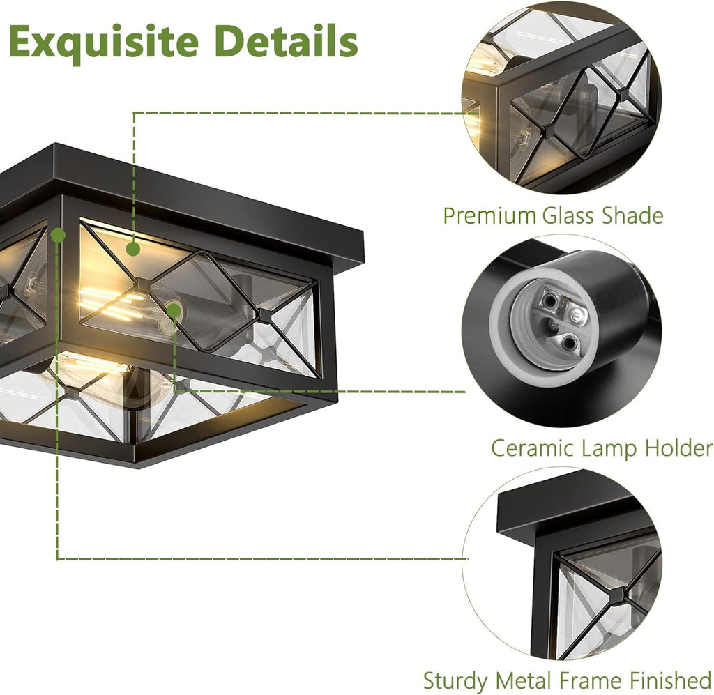 Farmhouse Light Fixtures Ceiling Mount, 2-Light Black Flush Mount Ceiling Light with Clear Glass Shade, Metal Cage