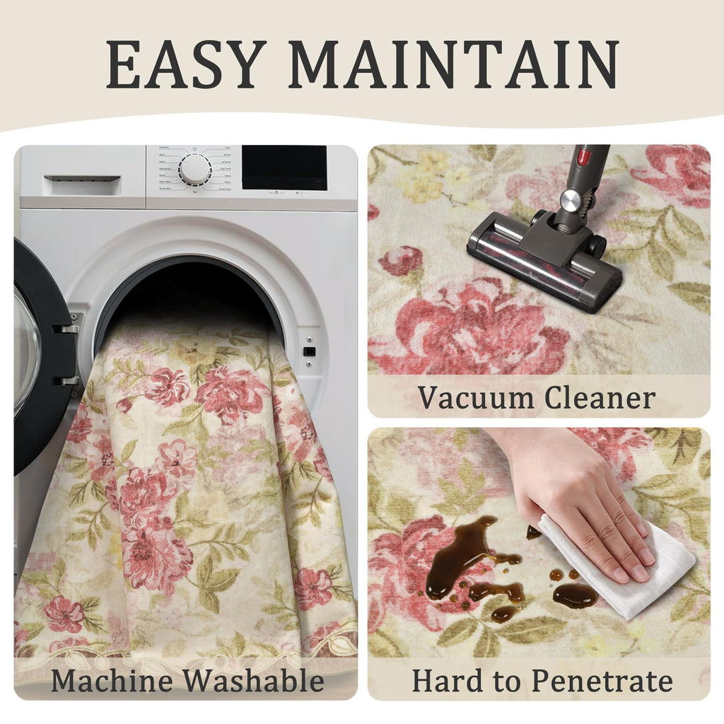 Washable 2x8 Runner Rug, Cream Boho Floral Non-Slip