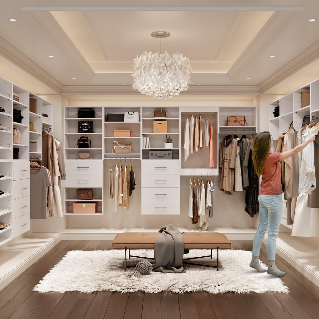 Modular Closet System, 52" Wall-Mounted Closet Organizer with Hanging Rods and Shelves, Wooden Tower for Walk-In