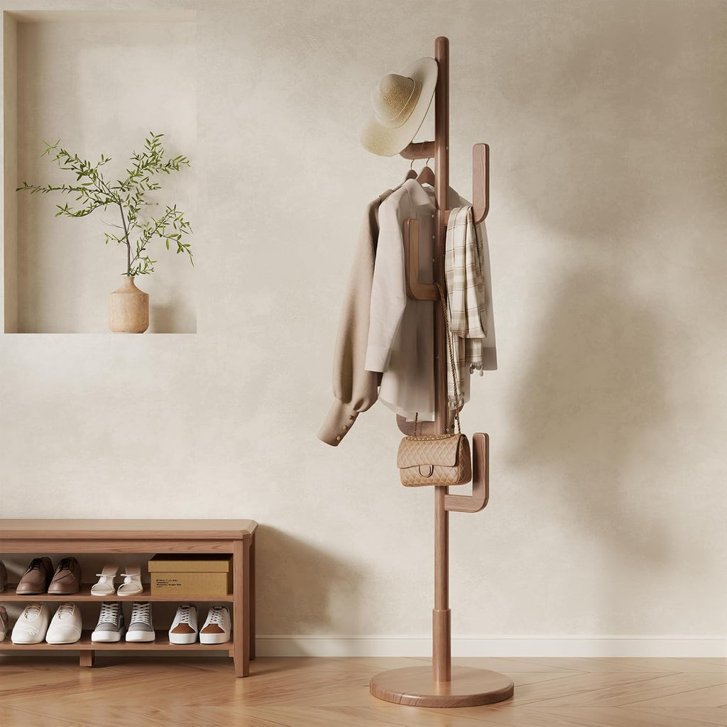 Solid Wood Cactus Coat Rack, Freestanding Coat Rack With 6 L-Shaped Hooks and 3 Adjustable Sizes, Coat Tree , Coat