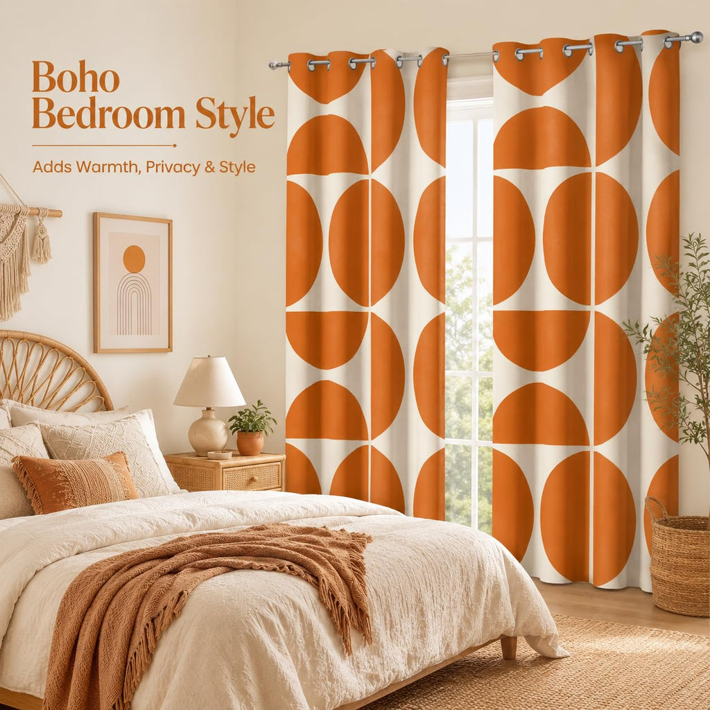 Orange and Beige Modern Geometric Blackout Curtains, Mid Century Retro Abstract Curtains, Boho Unique Semi Circle