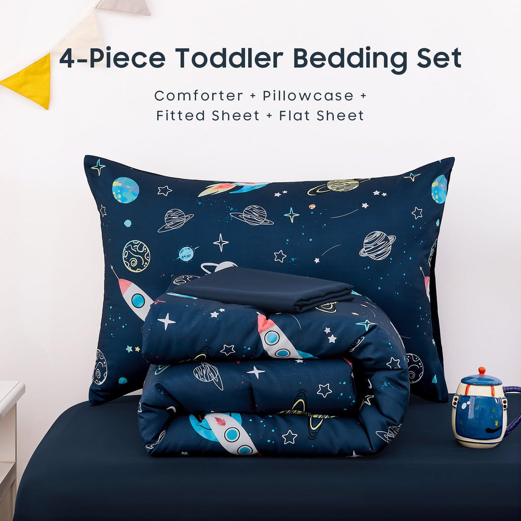 Toddler Bedding Set for Boys, Space Rocket Planet Star, 4 Pieces Soft Crib Bed Set Including Comforter, Sheets and