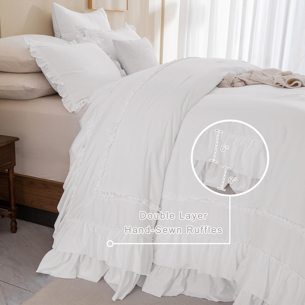 3PCs Natural White Ruffled Comforter 120x120, Shabby Boho Chic Farmhouse Ruffle Bed Comforter Set