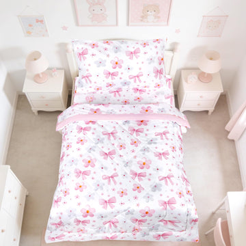Toddler Bedding Set for Girls - 4 Piece Bow Toddler Comforter Set Includes Fitted Sheet, Comforter, Pillowcase & Flat