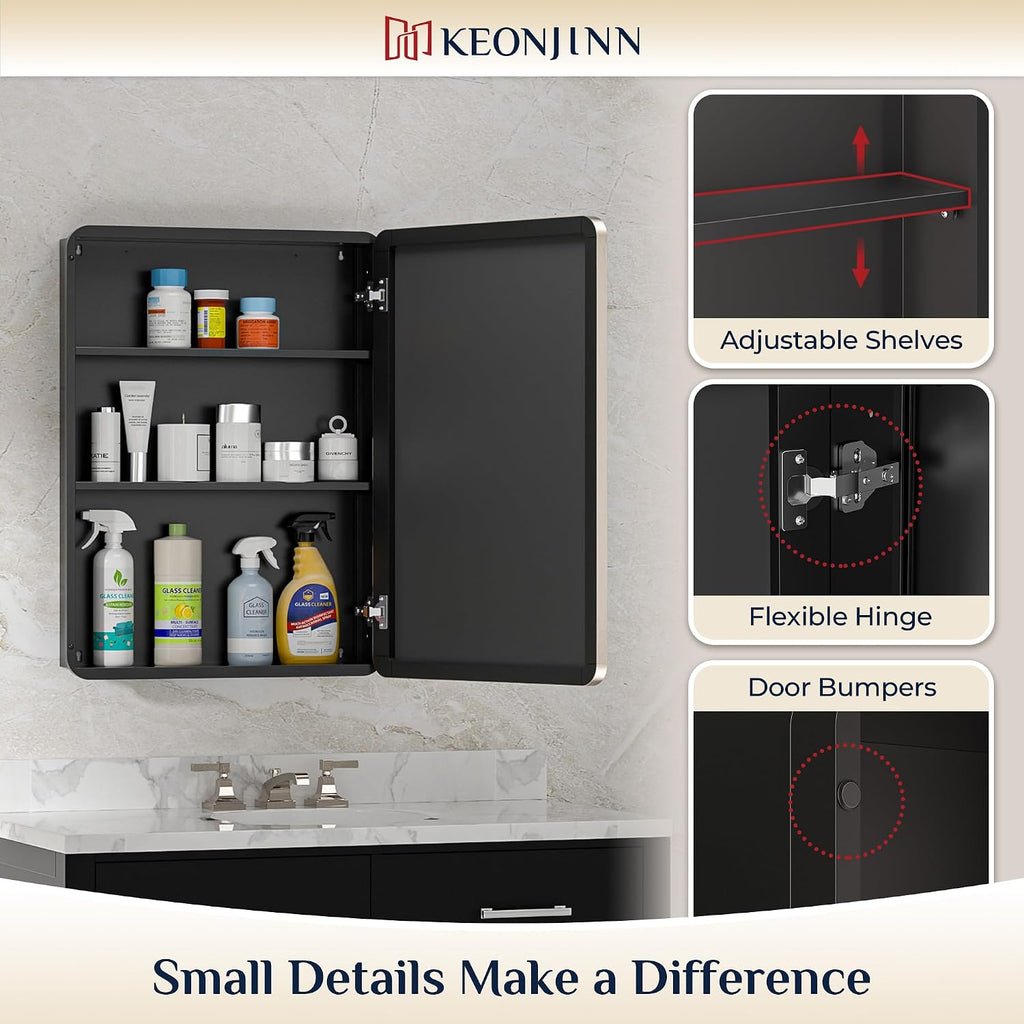 16"x24" Recessed Medicine Cabinet with Mirror, Brushed Nickel | Stainless Steel Framed, Adjustable Shelves, Recessed
