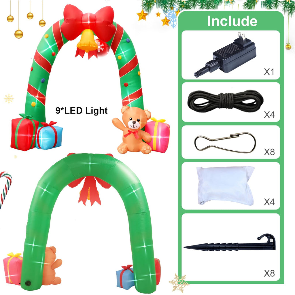 10FT Christmas Inflatable Outdoor Decorations Candy Cane Christmas Archway Inflatables with Bow Bells Bear Gift Box