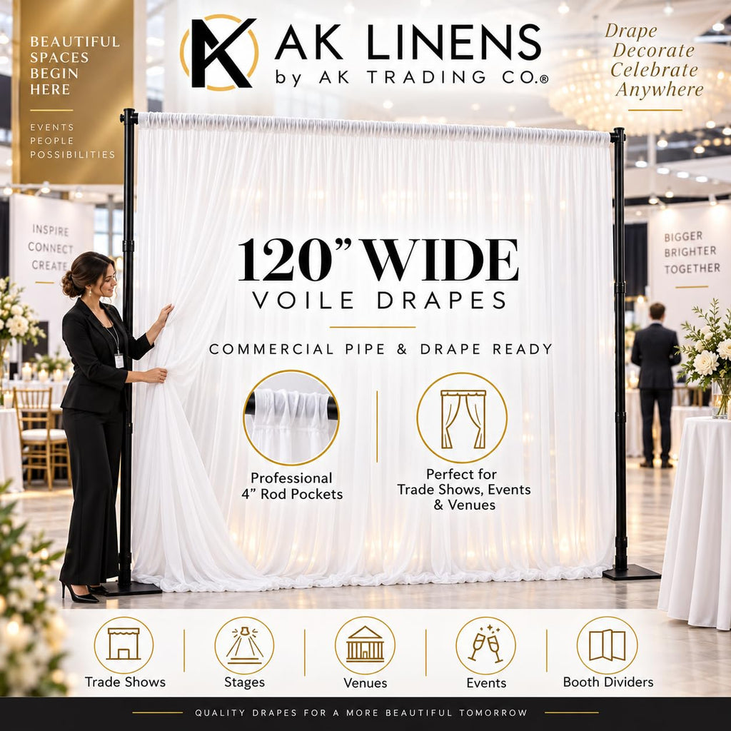 120" Wide (10Ft Wide) Sheer Voile Drape Panels for Backdrop, Wedding Events, Ceiling Drapes, Event Masking, & Decor
