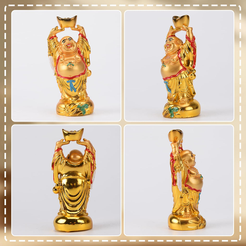 Resin Feng Shui Golden Laughing Buddha Holding Ingot Statue 4.7in(H)