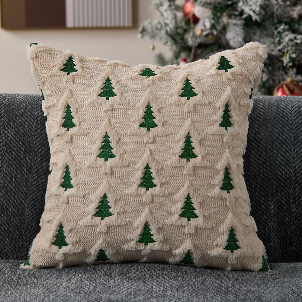 Christmas Pillow Covers 18x18 Beige Double Xmas Tree Pillow Covers Soft Plush Faux Fur Christmas Decorations - Set of 2