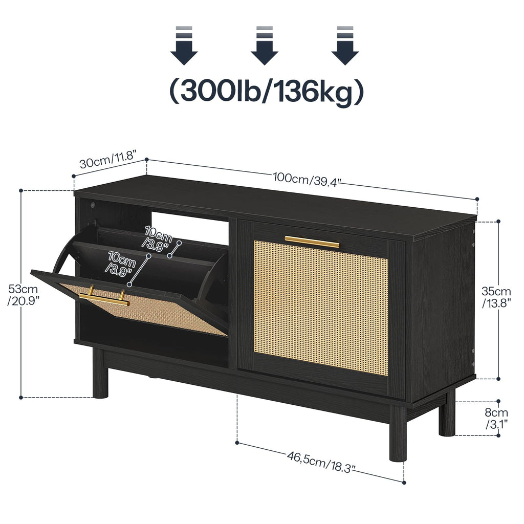 Rattan Shoe Storage Bench with Double Flip Drawers