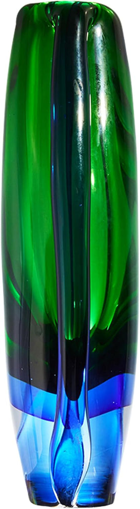 Hand Blown Sommerso Oval Art Glass Vase for Decor 10 inch Tall Centerpiece Table Decoration Emerald Green