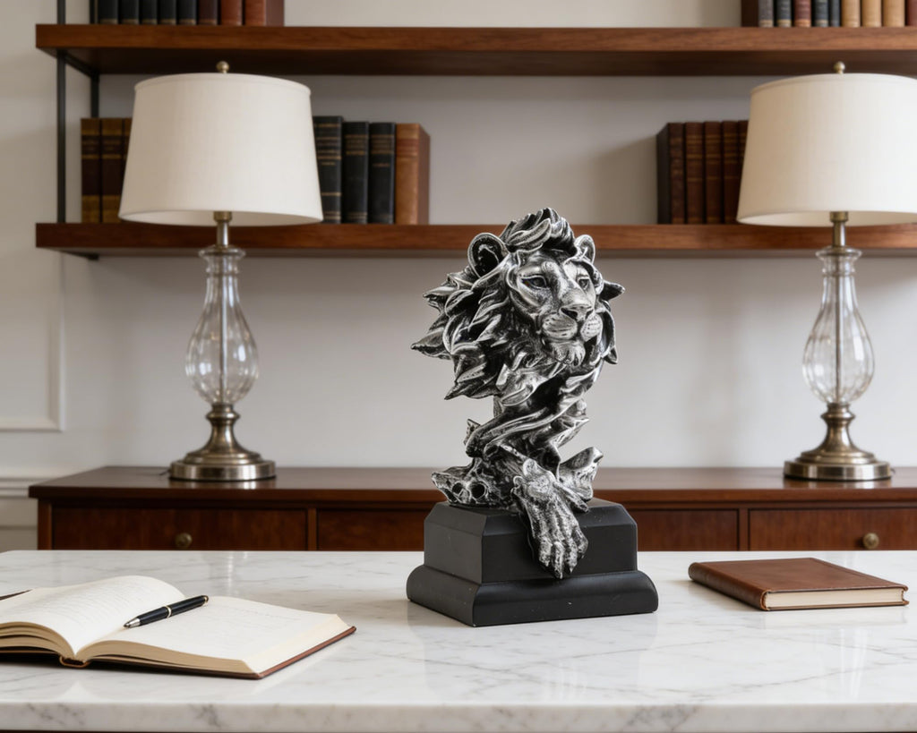 Lion Bust Sculpture with Matte Black Base 9 inch Metallic Silver, Abstract Design for Shelf Desk Office Decor, Gift