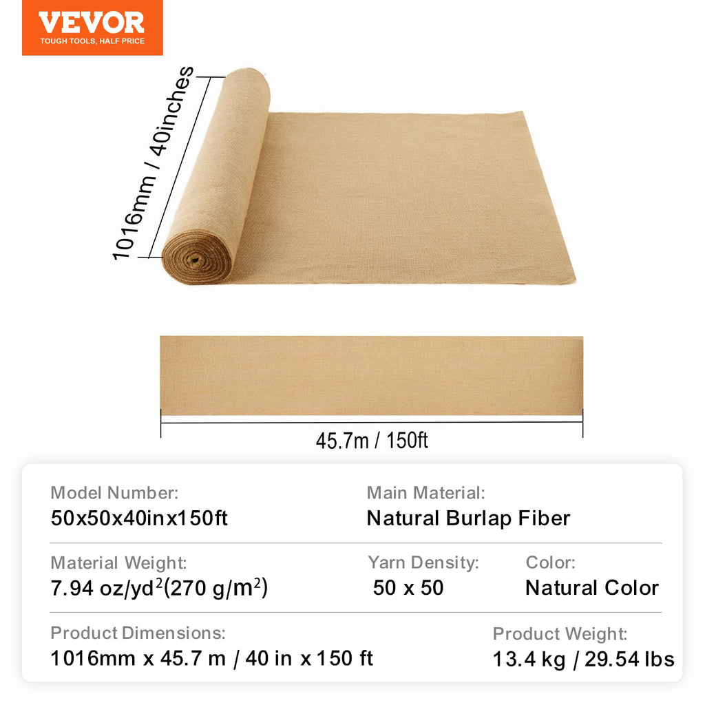 Burlap Fabric Roll, 40" x 150 ft, High Density Wide Natural Burlap Fabric Rolls, Jute Fabric Burlap Tree Wrap Roll