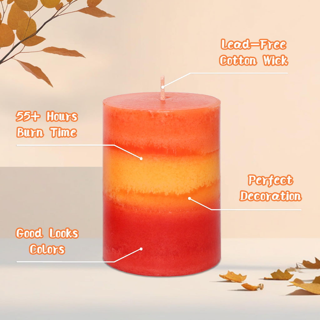 3x4 Inch Pillar Candles 3 Pack Rustic Orange Handmade Layered Clean Burning Pumpkin Spice Scented Candles Fall