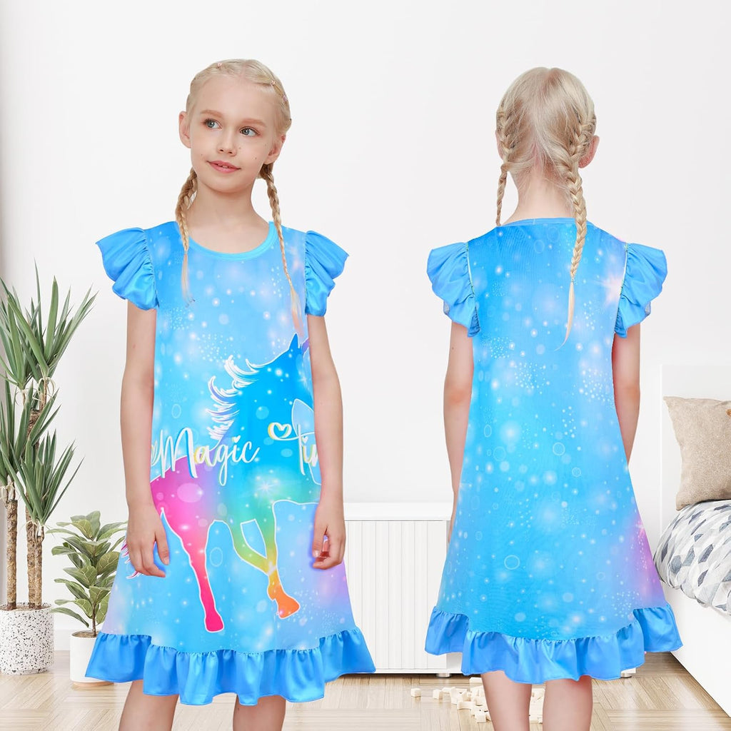 2Pcs Girls Nightgowns Unicorn Sleepwear Night Sleep Dress Pajamas Little Kids Toddler Soft Nightgown