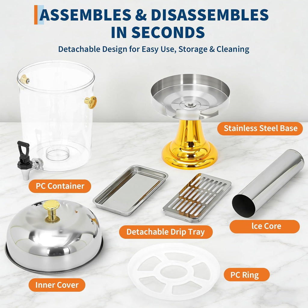 6.6 Gal Triple Head Beverage Drink Dispenser with Ice Core, Gold Stand
