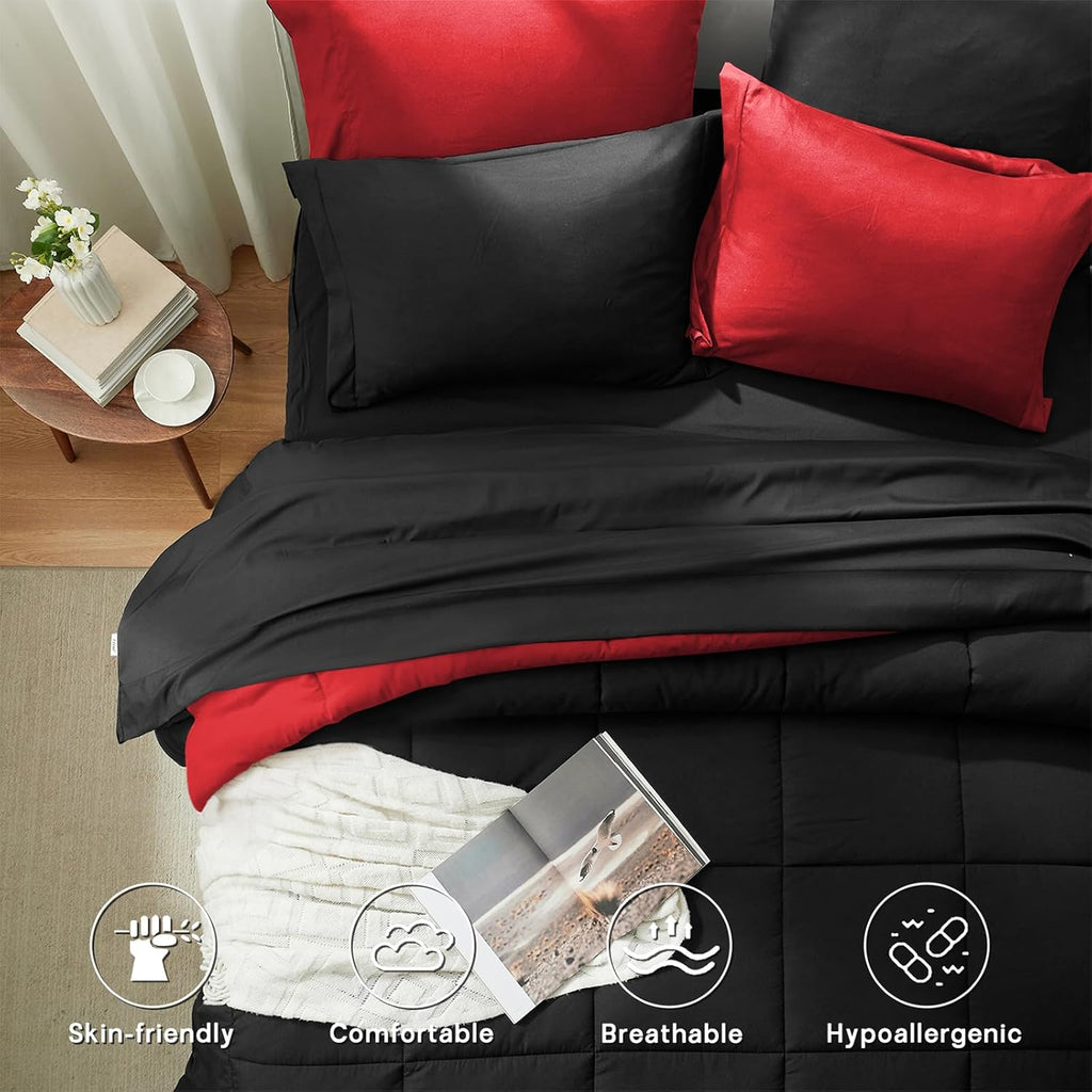 Anluoer Twin Comforter Set 5 Pieces, Black Bed in a Bag Bedding Set with 1 Comforter(68"*88"), 1 Pillow Sham