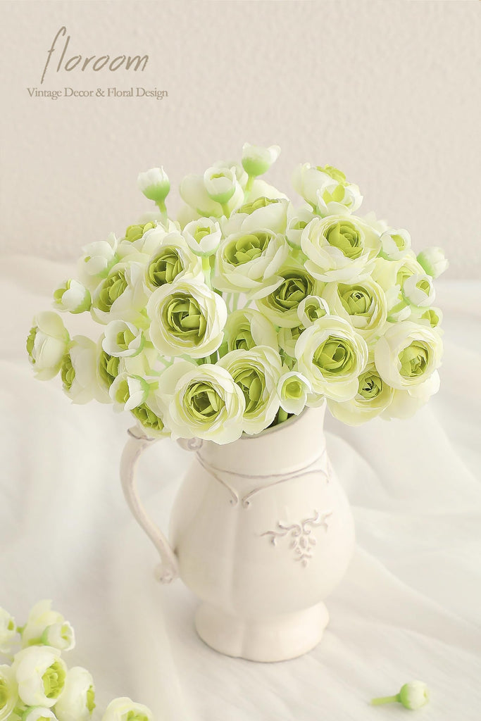 Ranunculus Artificial Flowers 18 Pcs Green Faux Silk Mini Ranunculus Bulk Fake Wedding Filler Flowers for DIY