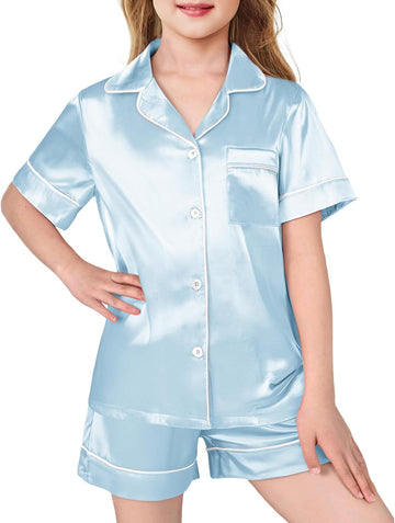 Girls Pajamas Silky Pajama Sleepwear Button Down Kids Pj Sets