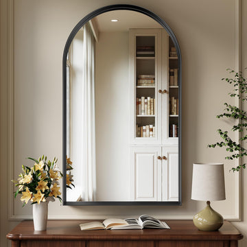 Arched Mirror, Arched Wall Mirror, 24 x 42 Inch Black Arch Mirror, Metal Frame Black Bathroom Mirror, Arched Top