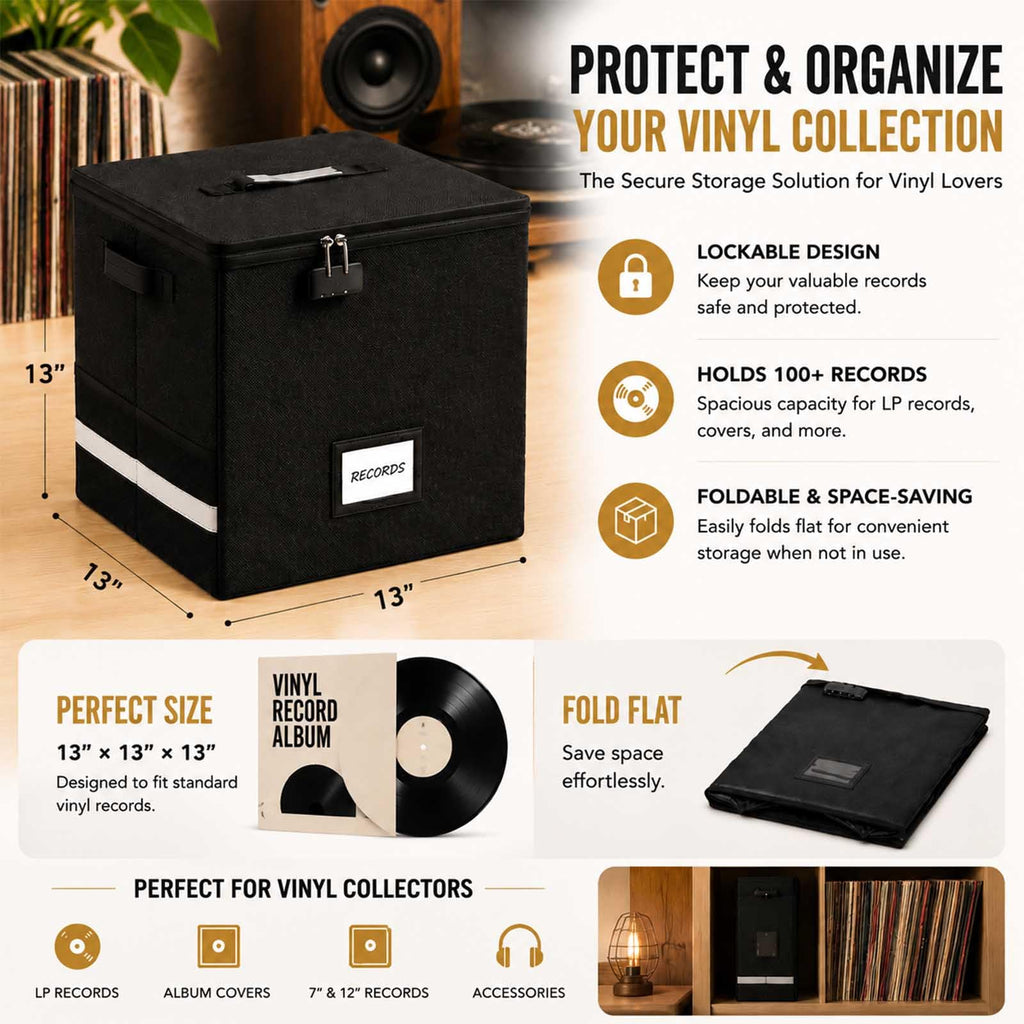 Vinyl Record Storage Box with Lock, 2-Pack Fireproof & Waterproof