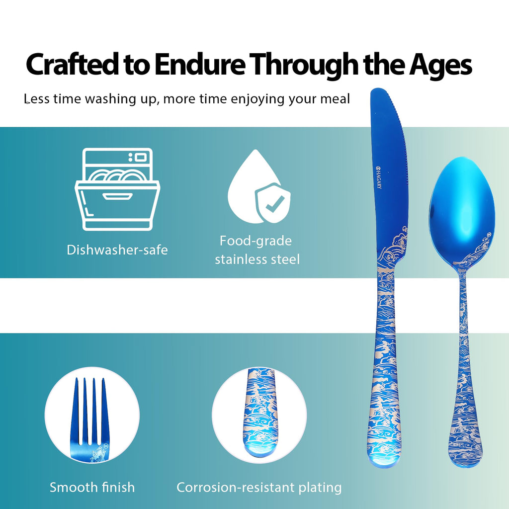 Wave Cutlery Set 20 Pieces Stainless Steel Flatware Set (All Blue)