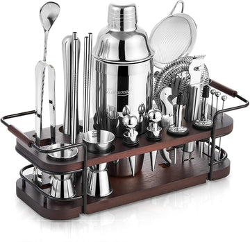 Cocktail Shaker Set Bartender Kit with Stand | Complete 24-Piece Bar Set Cocktail Kit with All Bar Accessories: - Set of 24