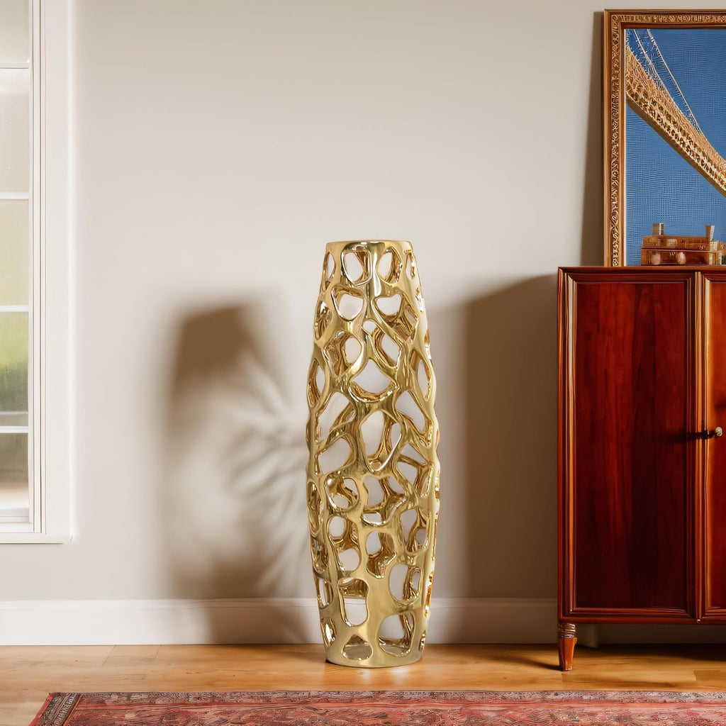 Large Modern Ceramic Floor Vase 24'' H Gold | Handmade Flower Holder Hand Carved Sophisticated Vessel for Decorative