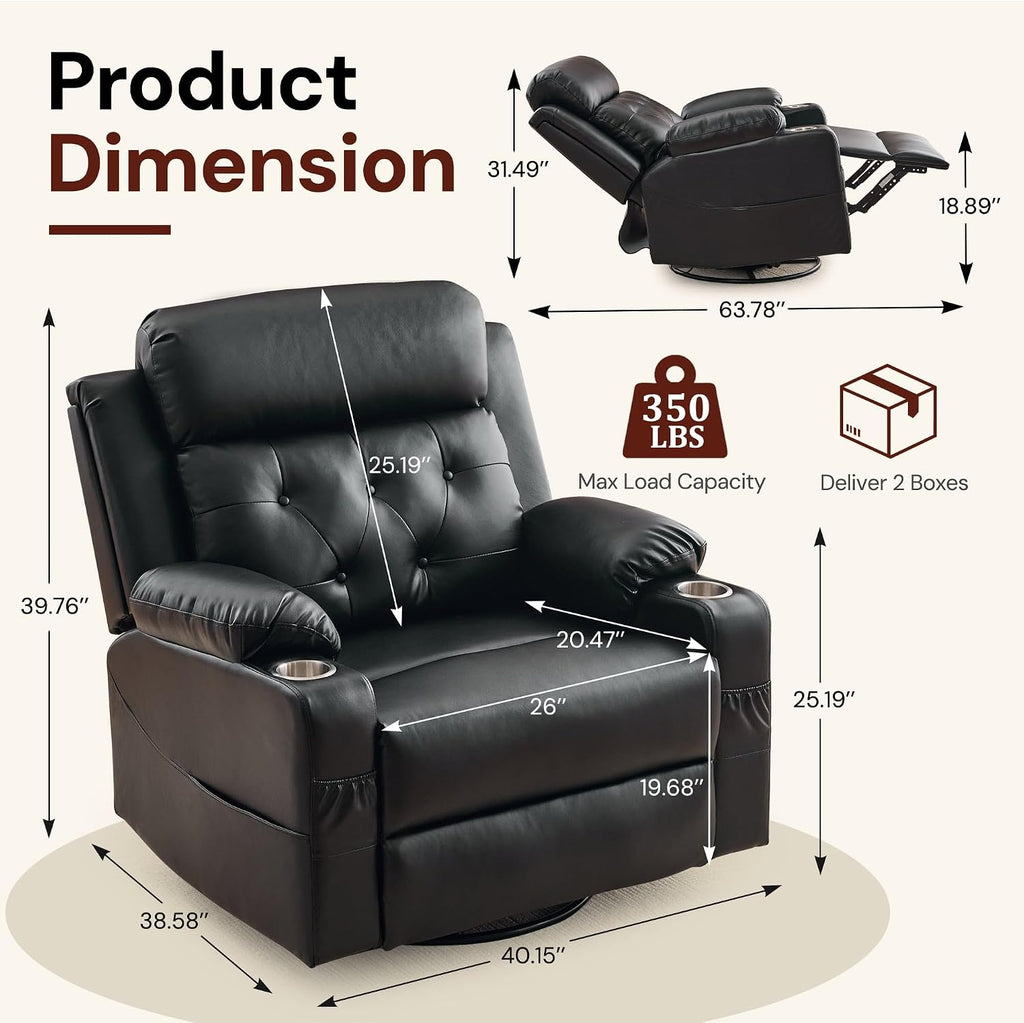 Oversized Recliner Chair, 360° Swivel Rocker Recliner for Adults, Recliner Chair with Heat and Massage, Manual
