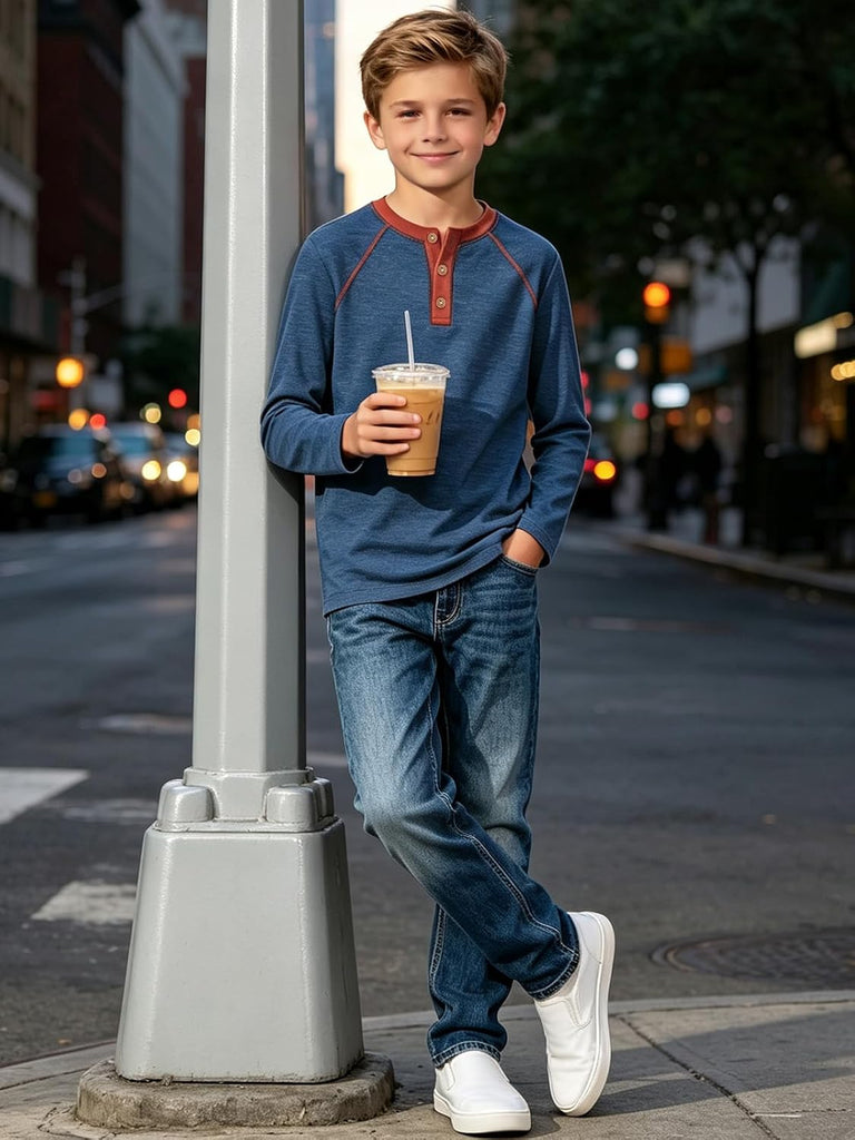 Boy's Henley Shirts Kids Long Sleeve Lightweight T-Shirt