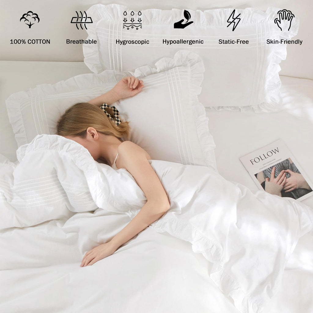White Ruffle Duvet Cover 3 Pieces, 100% Cotton Bedding, 90x90